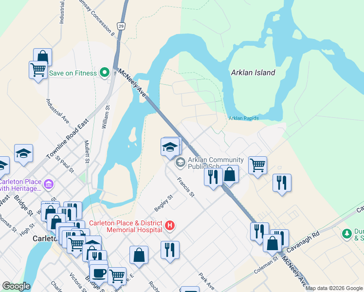 map of restaurants, bars, coffee shops, grocery stores, and more near 164 Patterson Crescent in Carleton Place