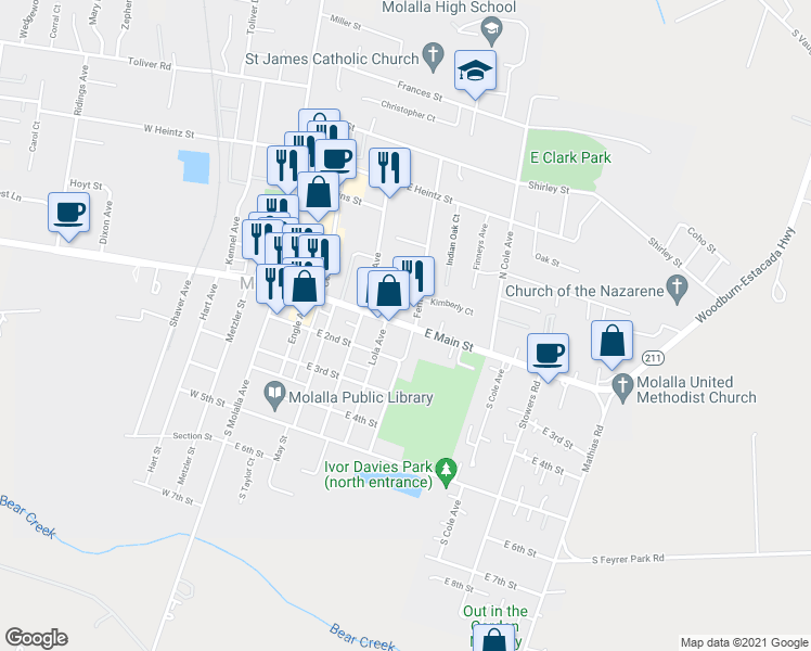 map of restaurants, bars, coffee shops, grocery stores, and more near 516 East Main Street in Molalla