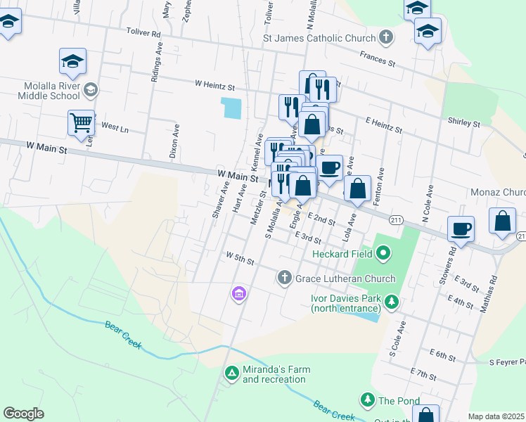 map of restaurants, bars, coffee shops, grocery stores, and more near 120 Metzler Street in Molalla