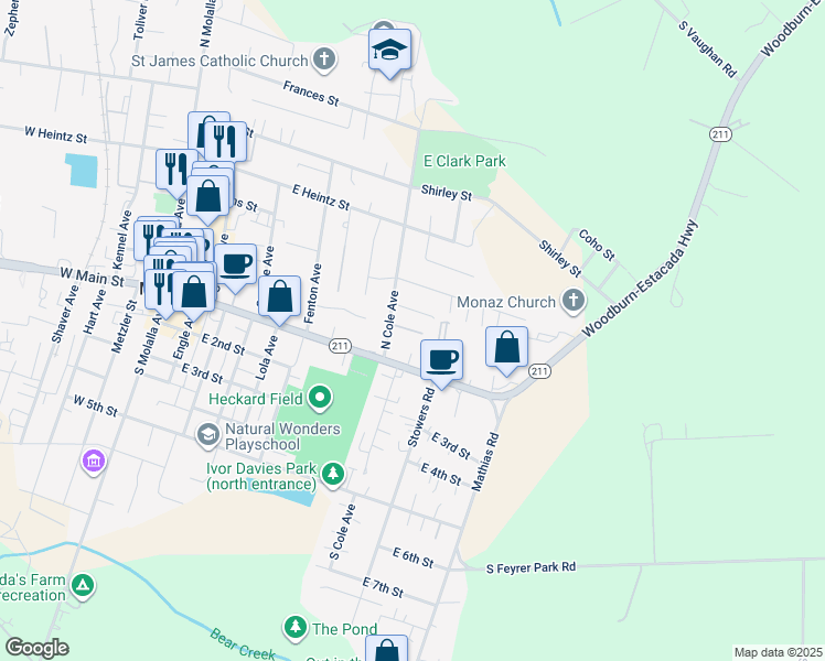 map of restaurants, bars, coffee shops, grocery stores, and more near 706 Garden Court in Molalla