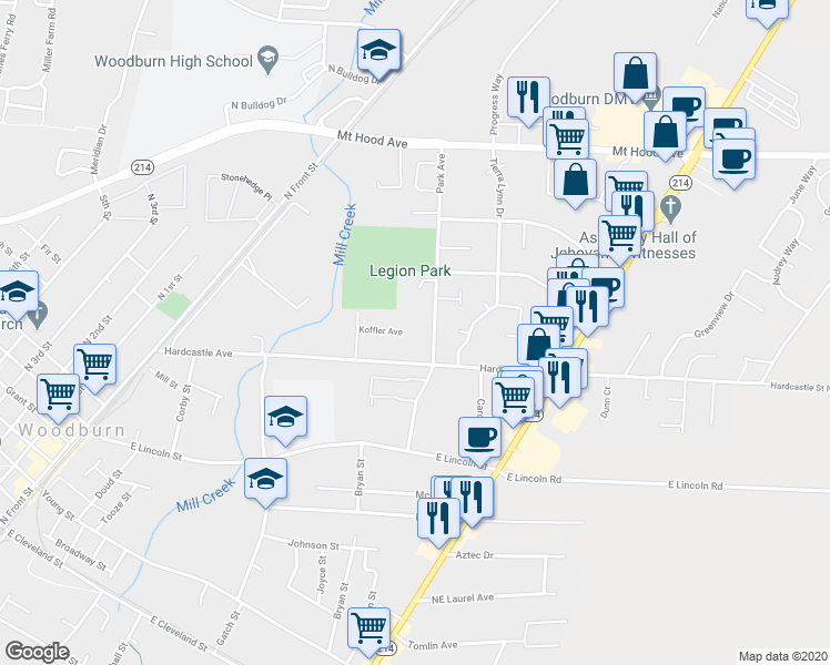map of restaurants, bars, coffee shops, grocery stores, and more near 1181 Koffler Avenue in Woodburn