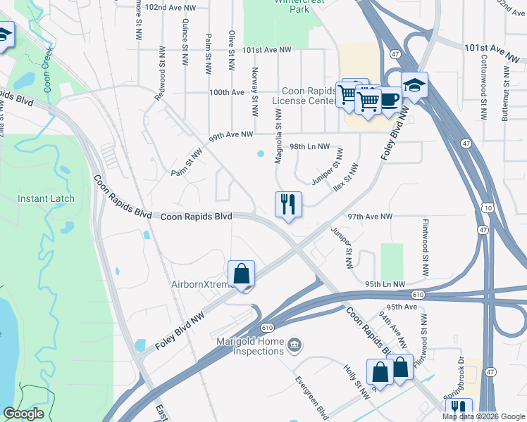 map of restaurants, bars, coffee shops, grocery stores, and more near Coon Rapids Boulevard NW Exn in Coon Rapids
