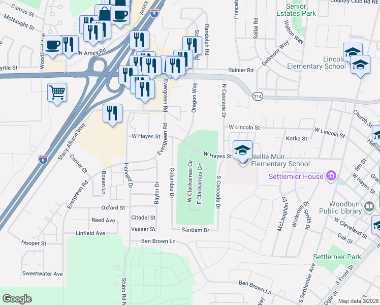 map of restaurants, bars, coffee shops, grocery stores, and more near 163 West Clackamas Circle in Woodburn