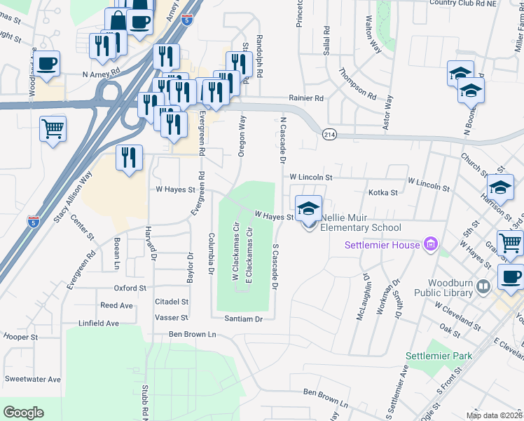 map of restaurants, bars, coffee shops, grocery stores, and more near 2071 West Hayes Street in Woodburn