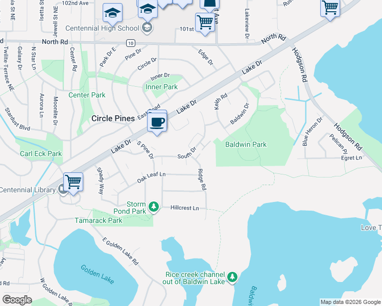 map of restaurants, bars, coffee shops, grocery stores, and more near 108A South Drive in Circle Pines