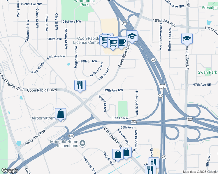 map of restaurants, bars, coffee shops, grocery stores, and more near 9735 Foley Boulevard in Coon Rapids
