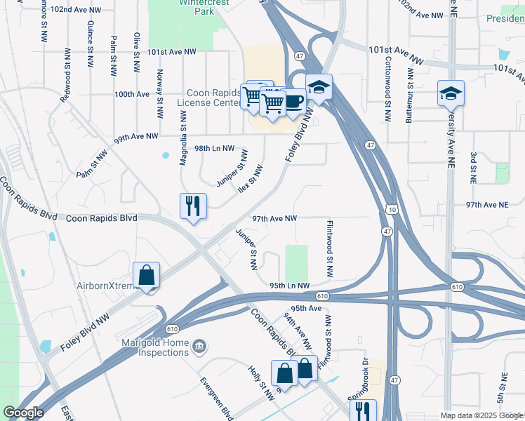 map of restaurants, bars, coffee shops, grocery stores, and more near 9735 Foley Boulevard in Coon Rapids