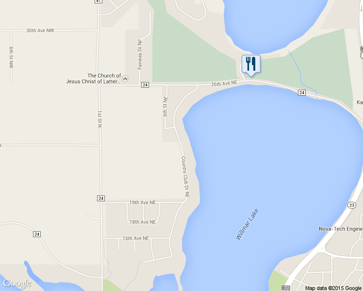 map of restaurants, bars, coffee shops, grocery stores, and more near 2109 Country Club Drive Northeast in Willmar