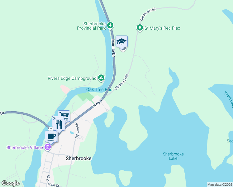 map of restaurants, bars, coffee shops, grocery stores, and more near 2 Old Road Hill in Sherbrooke