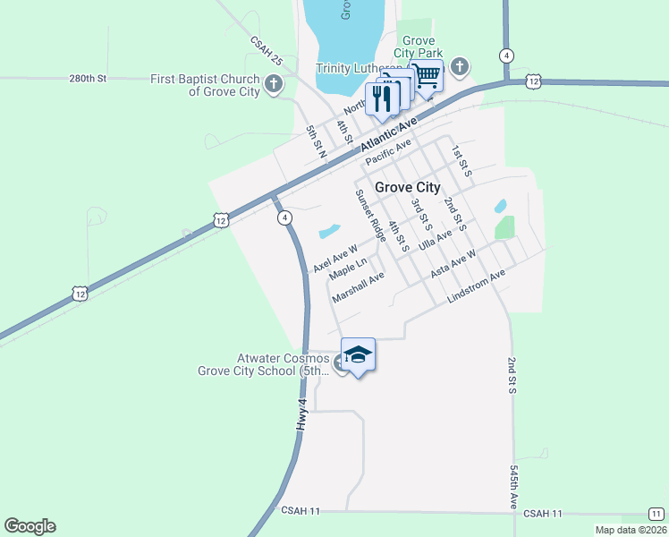 map of restaurants, bars, coffee shops, grocery stores, and more near 614 Maple Lane in Grove City