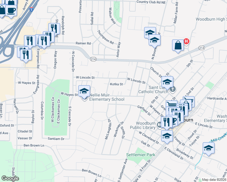 map of restaurants, bars, coffee shops, grocery stores, and more near 1256 Kotka Street in Woodburn
