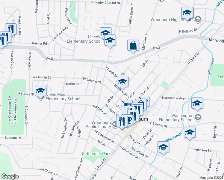 map of restaurants, bars, coffee shops, grocery stores, and more near 702 Harrison Street in Woodburn
