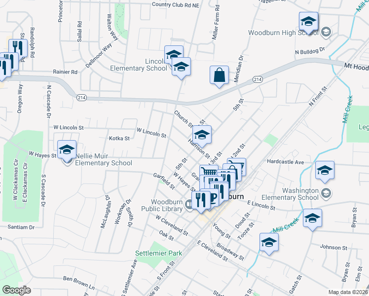 map of restaurants, bars, coffee shops, grocery stores, and more near 702 Harrison Street in Woodburn