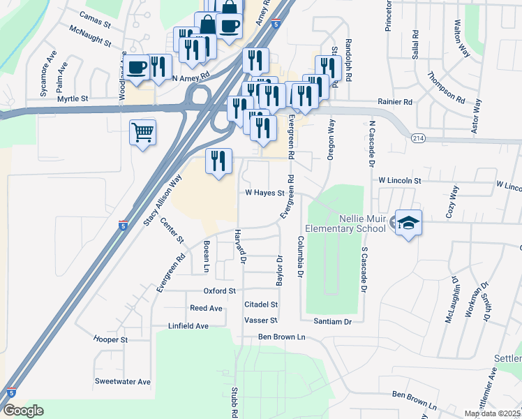 map of restaurants, bars, coffee shops, grocery stores, and more near 155 Evergreen Road in Woodburn