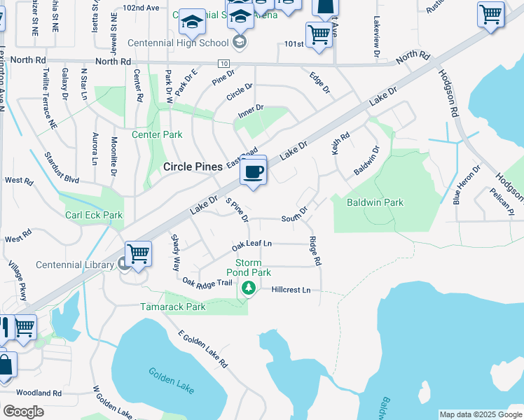 map of restaurants, bars, coffee shops, grocery stores, and more near 100A South Drive in Circle Pines