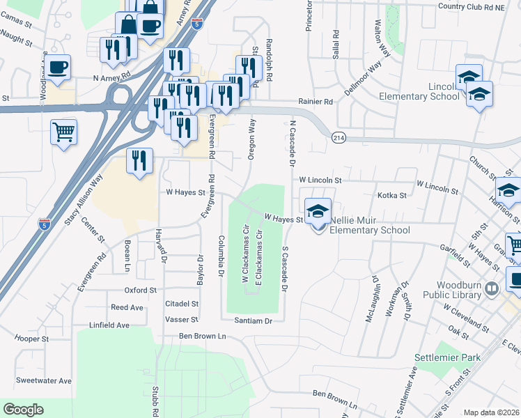 map of restaurants, bars, coffee shops, grocery stores, and more near 2071 West Hayes Street in Woodburn