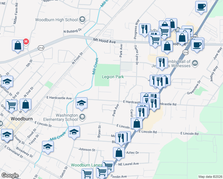 map of restaurants, bars, coffee shops, grocery stores, and more near 1181 Koffler Avenue in Woodburn