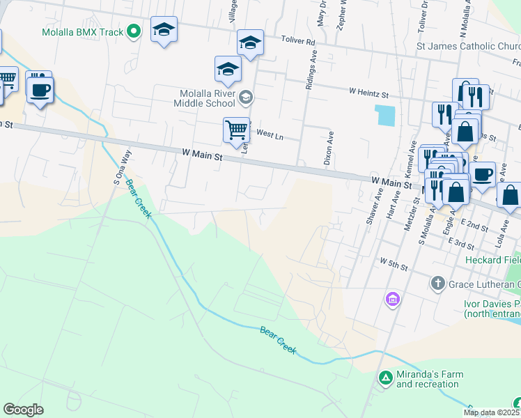 map of restaurants, bars, coffee shops, grocery stores, and more near 13593 South Lowe Road in Molalla