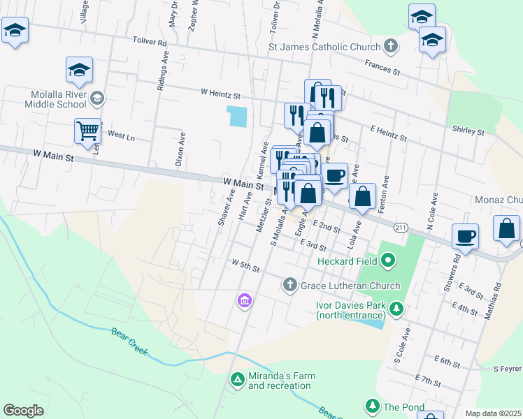 map of restaurants, bars, coffee shops, grocery stores, and more near 120 Metzler Street in Molalla