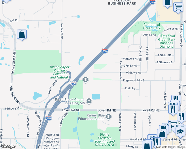 map of restaurants, bars, coffee shops, grocery stores, and more near 3600 Centerwood Road in Circle Pines