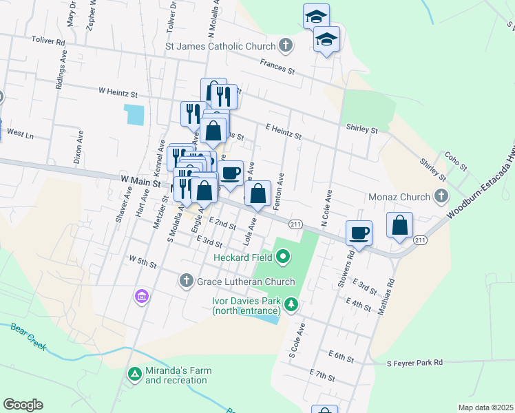 map of restaurants, bars, coffee shops, grocery stores, and more near 501 East Main Street in Molalla