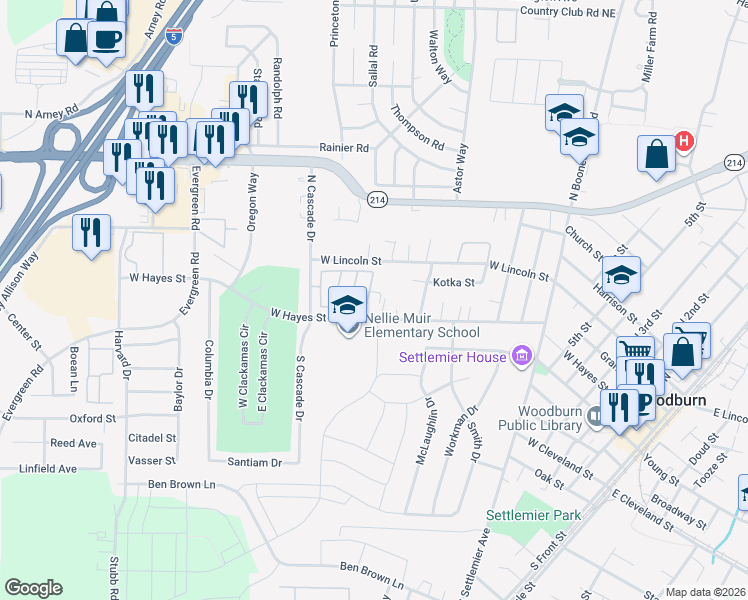 map of restaurants, bars, coffee shops, grocery stores, and more near 612 North Cascade Drive in Woodburn