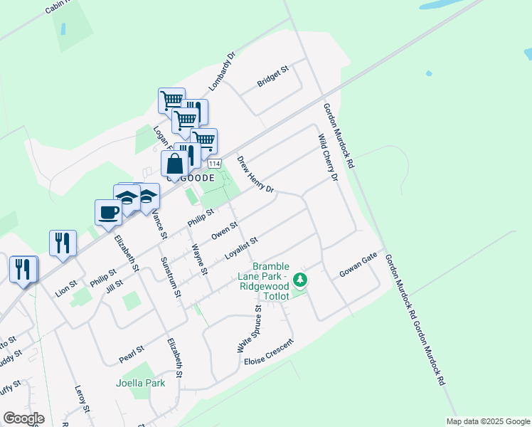 map of restaurants, bars, coffee shops, grocery stores, and more near 5720 Owen Street in Ottawa