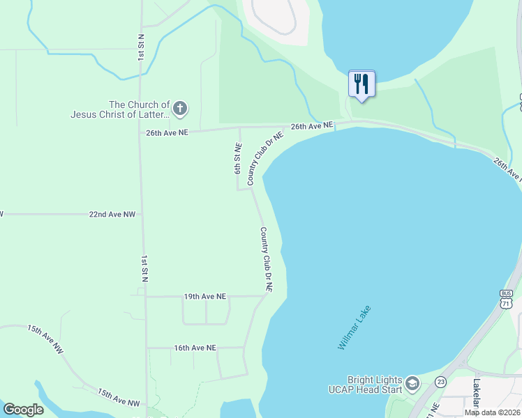 map of restaurants, bars, coffee shops, grocery stores, and more near 2200 Country Club Drive Northeast in Willmar