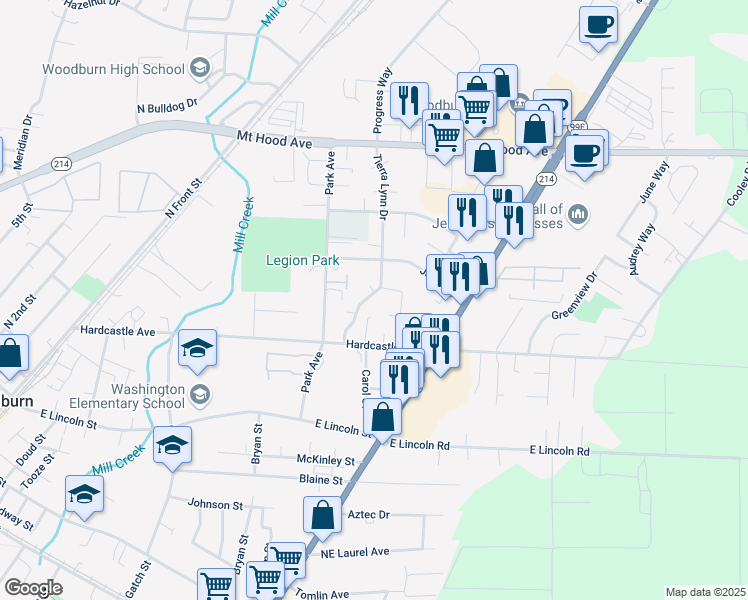 map of restaurants, bars, coffee shops, grocery stores, and more near 40 Tierra Lynn Court in Woodburn