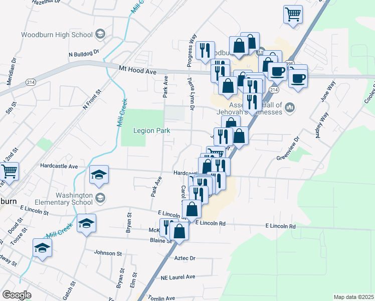 map of restaurants, bars, coffee shops, grocery stores, and more near 40 Tierra Lynn Court in Woodburn