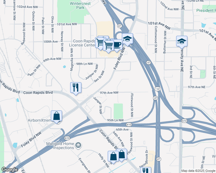 map of restaurants, bars, coffee shops, grocery stores, and more near 9735 Foley Boulevard in Coon Rapids