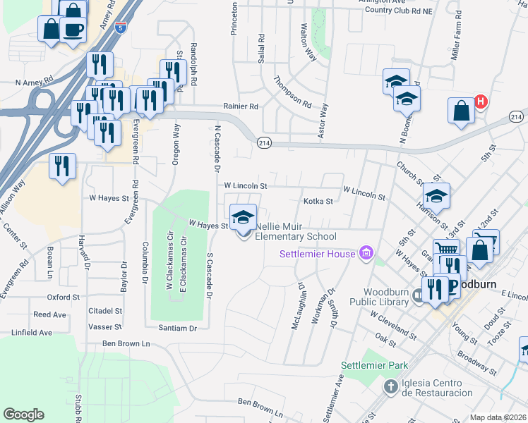 map of restaurants, bars, coffee shops, grocery stores, and more near 612 North Cascade Drive in Woodburn