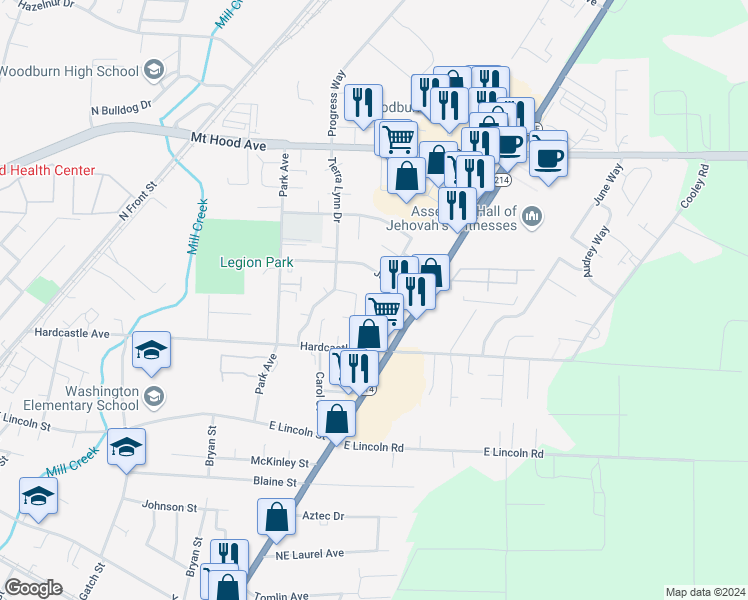 map of restaurants, bars, coffee shops, grocery stores, and more near 1586 James Street in Woodburn