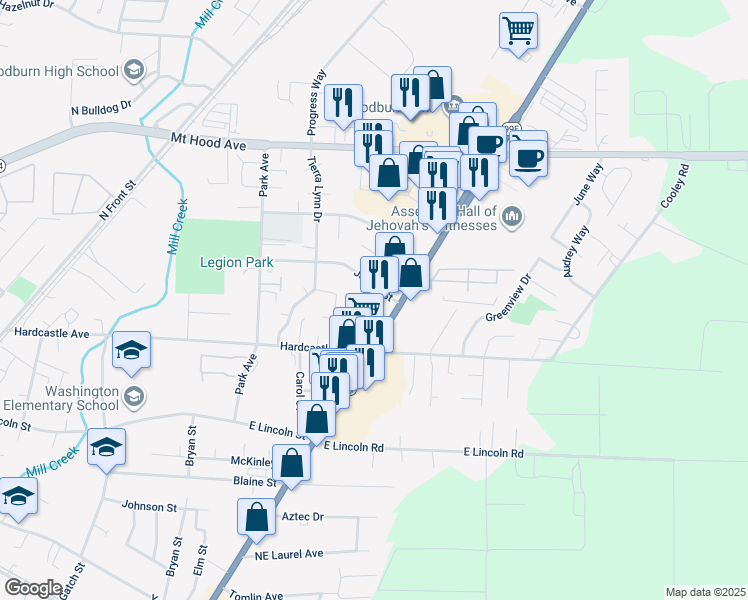 map of restaurants, bars, coffee shops, grocery stores, and more near 1650 James Street in Woodburn