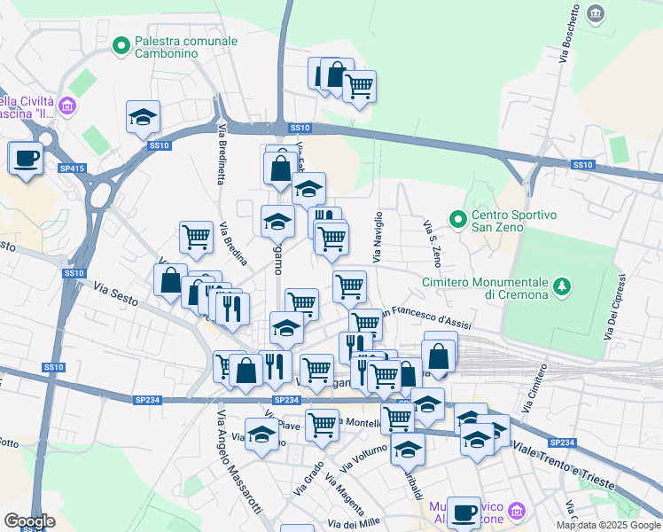 map of restaurants, bars, coffee shops, grocery stores, and more near 86 Via Fabio Filzi in Cremona