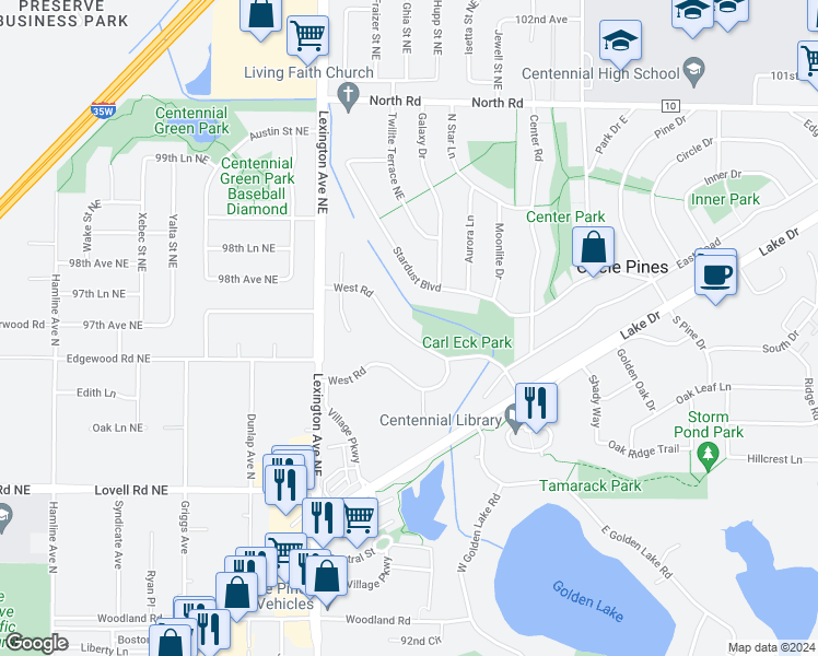 map of restaurants, bars, coffee shops, grocery stores, and more near 56 West Road in Circle Pines