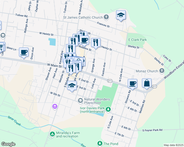 map of restaurants, bars, coffee shops, grocery stores, and more near 415 Grange Ave in Molalla