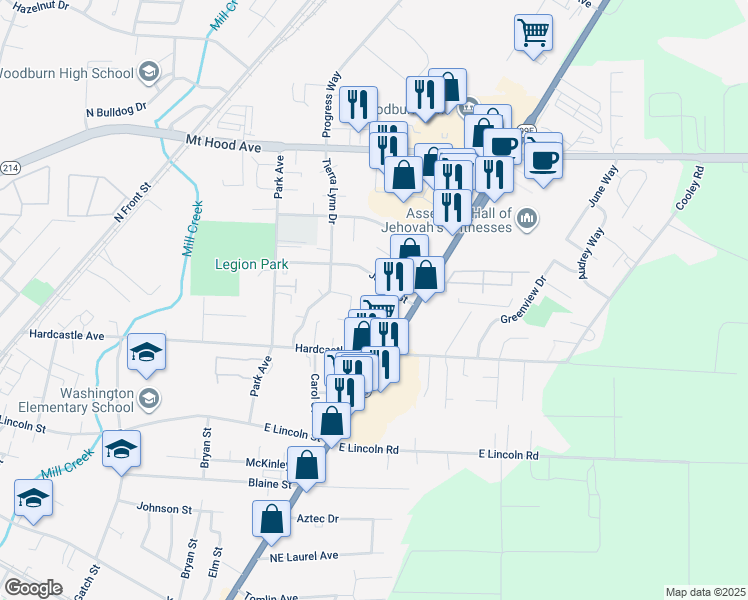map of restaurants, bars, coffee shops, grocery stores, and more near 1650 James Street in Woodburn