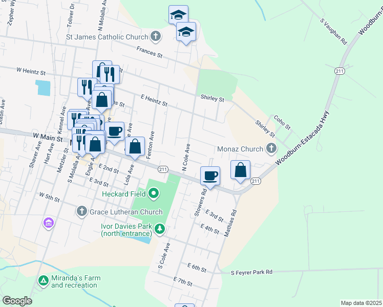 map of restaurants, bars, coffee shops, grocery stores, and more near 706 Garden Court in Molalla