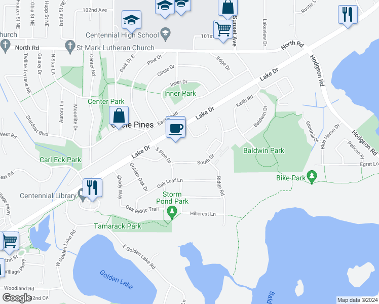 map of restaurants, bars, coffee shops, grocery stores, and more near 100A South Drive in Circle Pines