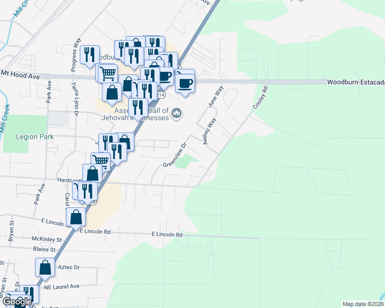 map of restaurants, bars, coffee shops, grocery stores, and more near 1466 Greenview Court in Woodburn