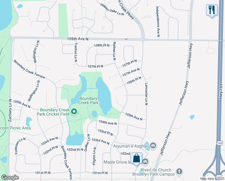 map of restaurants, bars, coffee shops, grocery stores, and more near 9995 106th Place North in Maple Grove