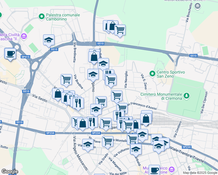 map of restaurants, bars, coffee shops, grocery stores, and more near 86 Via Fabio Filzi in Cremona