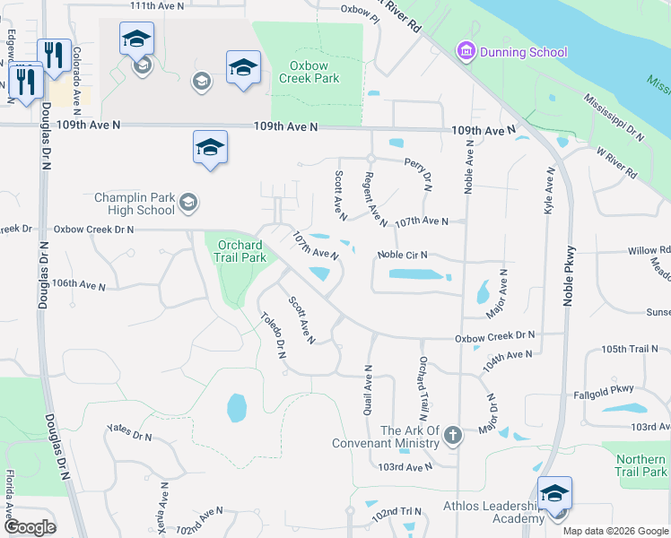 map of restaurants, bars, coffee shops, grocery stores, and more near 5217 107th Avenue North in Minneapolis