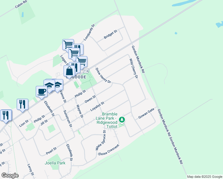 map of restaurants, bars, coffee shops, grocery stores, and more near 5720 Owen Street in Ottawa