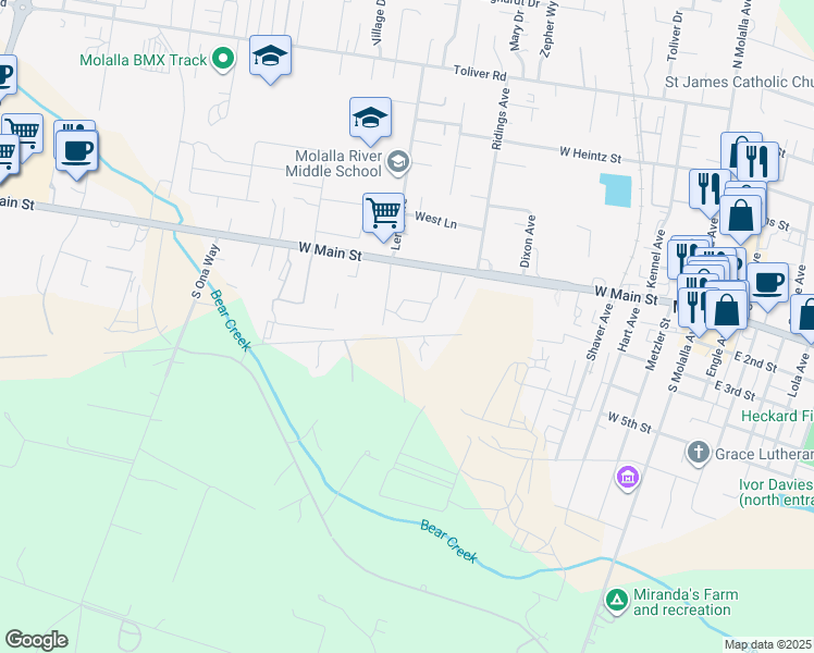 map of restaurants, bars, coffee shops, grocery stores, and more near 201 Leroy Avenue in Molalla