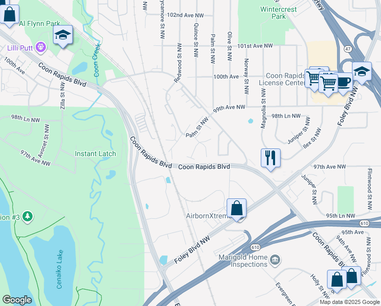 map of restaurants, bars, coffee shops, grocery stores, and more near 830 98th Avenue Northwest in Coon Rapids