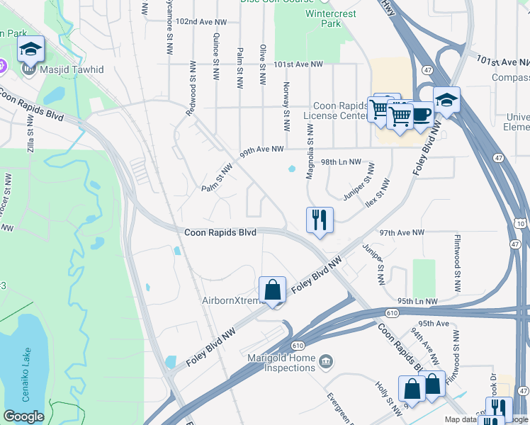 map of restaurants, bars, coffee shops, grocery stores, and more near 9753 Norway Street Northwest in Coon Rapids