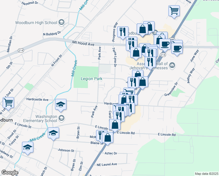 map of restaurants, bars, coffee shops, grocery stores, and more near 40 Tierra Lynn Court in Woodburn