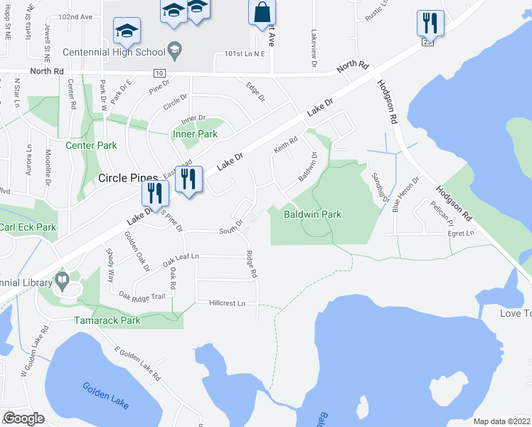 map of restaurants, bars, coffee shops, grocery stores, and more near 113A South Drive in Circle Pines